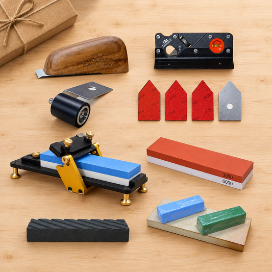 Woodworking gift set: glue remover, chamfer plane, SharpMate sharpening jig, water stones, stropping kit and attachments