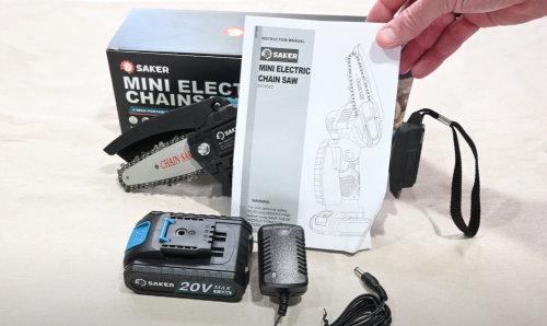 battery, charcger and user manual of Saker Mini Chainsaw
