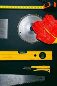 safety gloves, measuring and cutting tools