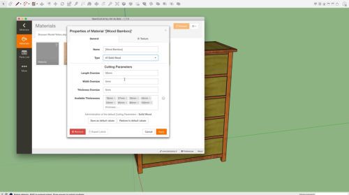 setting cutting parameters for a wooden cabinet on Sketchup