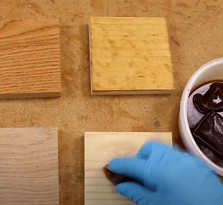 testing wood stain solution on wood blocks